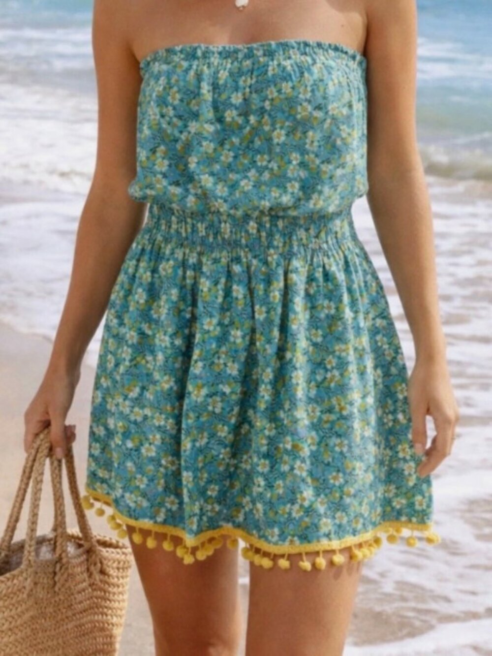 Natural Life Strapless Boho Mini Dress Floral Elastic Waist Beachy Pom Pom S/M